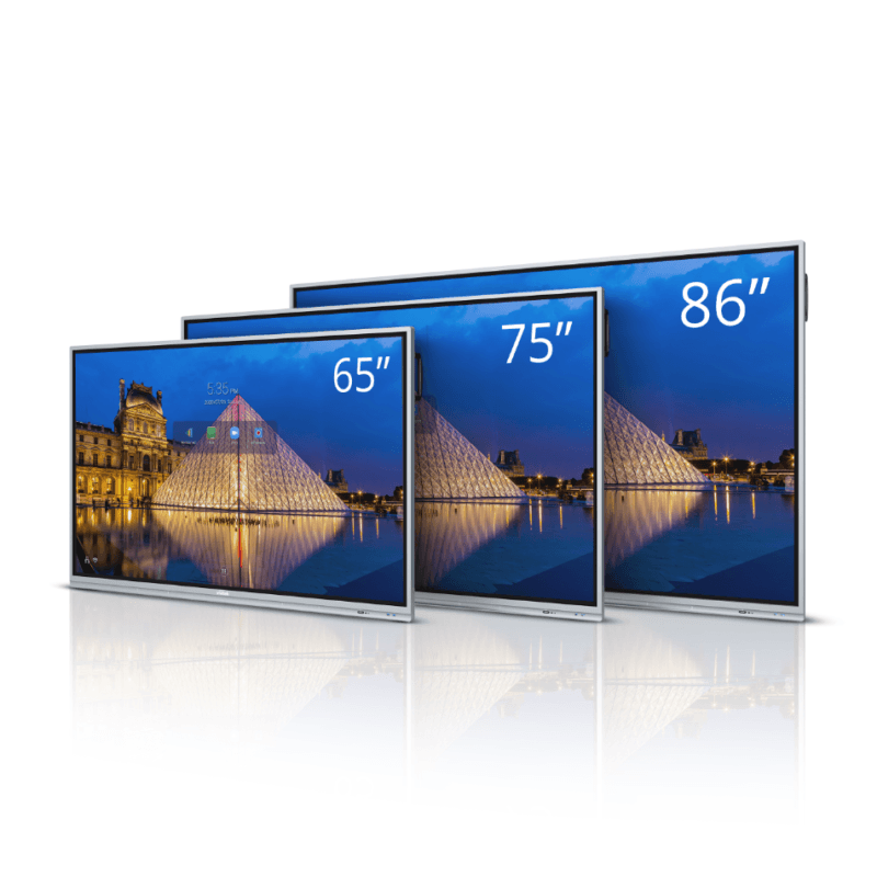 Large gamme d'écrans interactifs de différentes tailles disponibles à la location et à la vente au Maroc, allant de 65 à 86 pouces, idéals pour événements, entreprises et écoles.