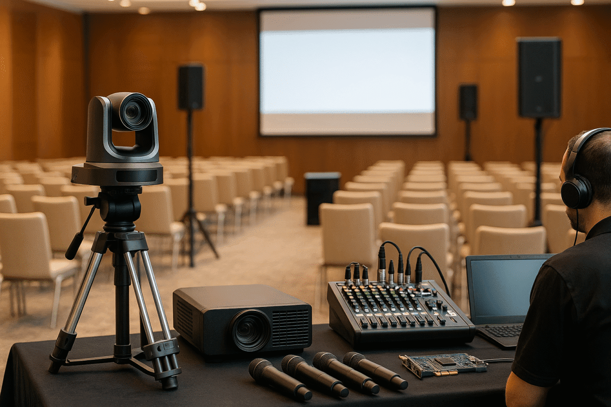 Technicien audiovisuel en installation de sonorisation et captation vidéo pour conférence professionnelle au Maroc