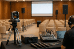 Technicien audiovisuel en installation de sonorisation et captation vidéo pour conférence professionnelle au Maroc