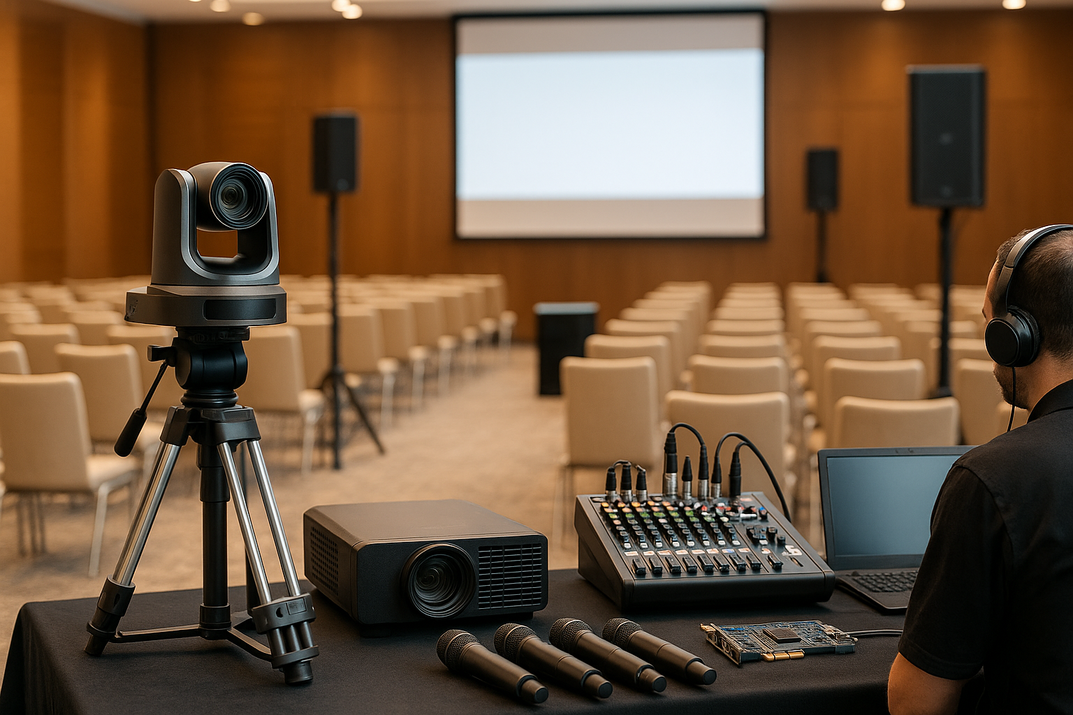 location sonorisation et captation de video Technicien audiovisuel en installation de sonorisation et captation vidéo pour conférence professionnelle au Maroc