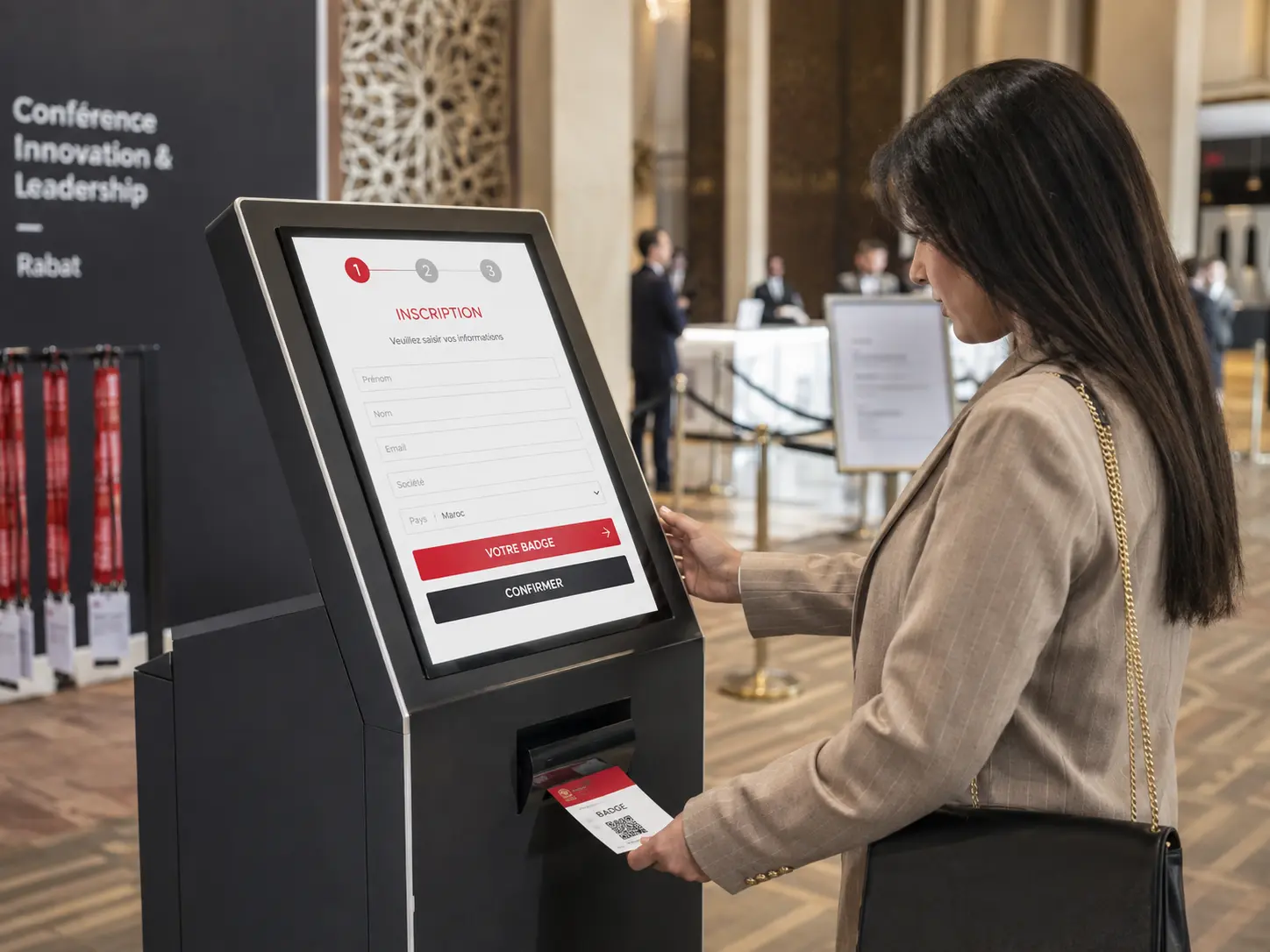 Borne interactive de check-in et impression de badge pour un événement professionnel au Maroc