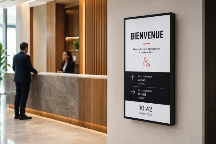 Écran professionnel 43 pouces en format portrait dans un accueil d’entreprise