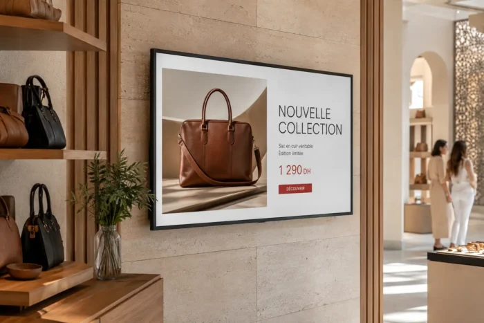 Écran professionnel 4K diffusant une campagne retail dans un magasin au Maroc
