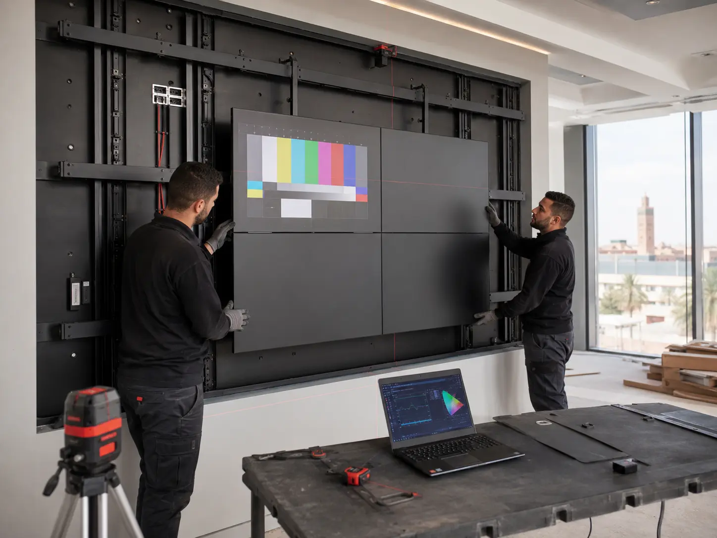 Techniciens installant et alignant un mur d’images LCD professionnel au Maroc