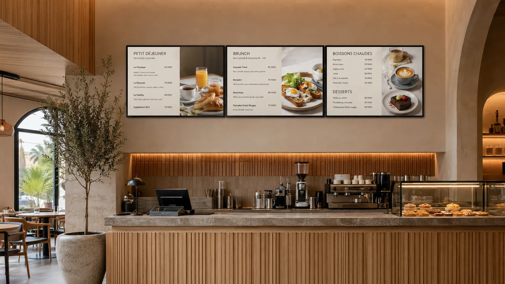 menu board restaurant premium stepone | Menu digital restaurant Maroc : papier, TV ou écran digital ? Comparatif 2026 Menu digital restaurant au Maroc sur écrans professionnels au-dessus du comptoir