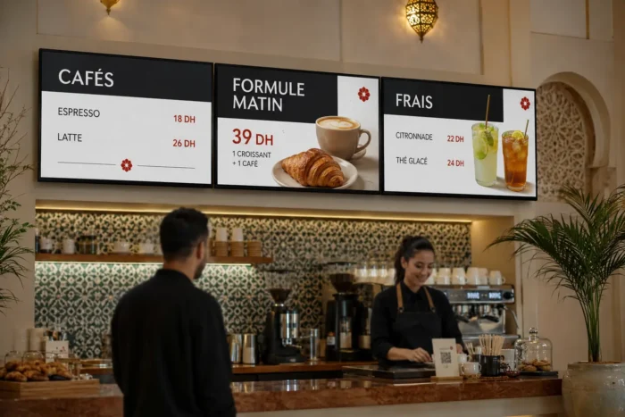 Menu boards sur écrans professionnels dans un café au Maroc