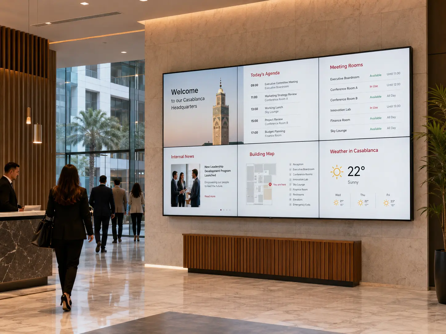 Mur d’images LCD dans un accueil corporate au Maroc
