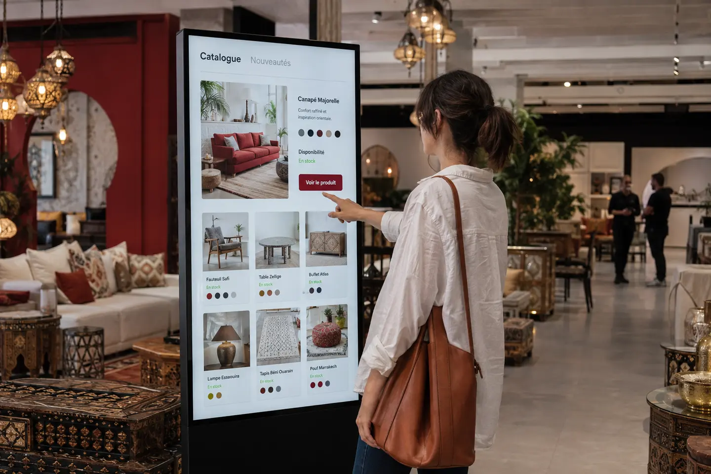 Cliente consultant un catalogue retail sur un totem interactif au Maroc