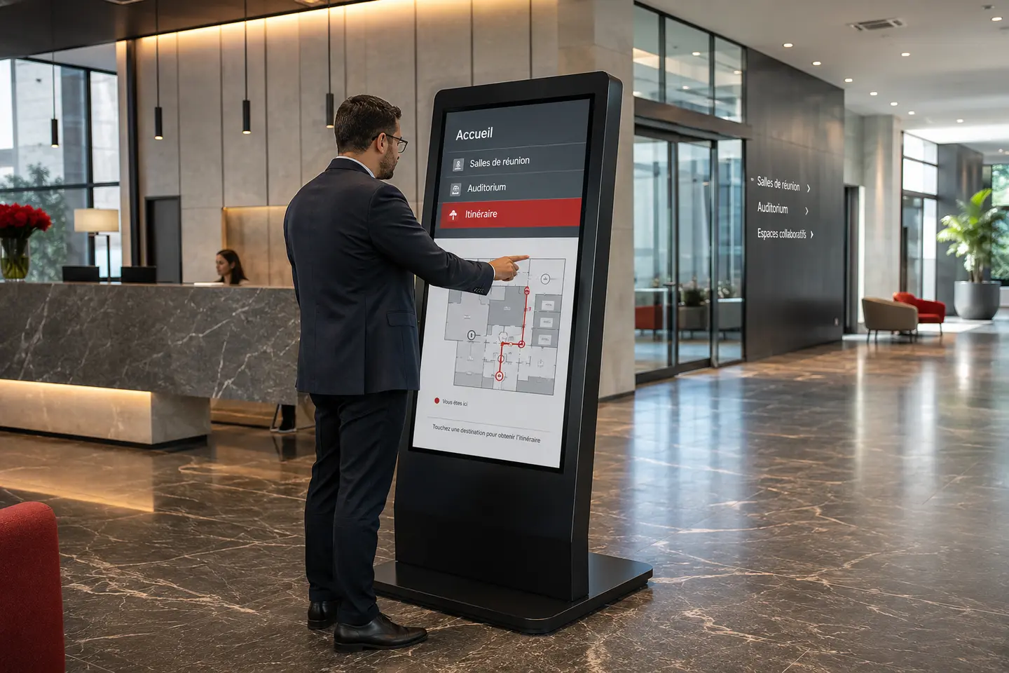 Totem interactif d’orientation dans le hall d’une entreprise au Maroc