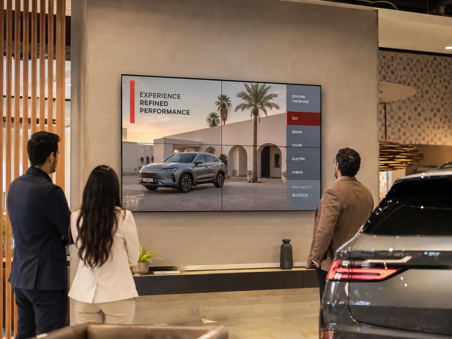 Video Wall LCD présentant une campagne automobile dans un showroom au Maroc