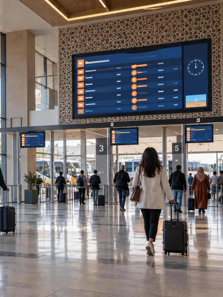 Affichage dynamique gare routiere – version mobile | Affichage dynamique pour gares routières et transport voyageurs Écrans d’information voyageurs dans une gare routière marocaine, vue optimisée pour mobile