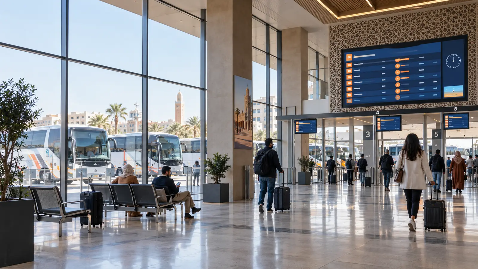Affichage dynamique pour gare routiere au Maroc | Affichage dynamique pour gares routières et transport voyageurs Gare routière moderne au Maroc équipée d’écrans d’affichage dynamique pour informer les voyageurs