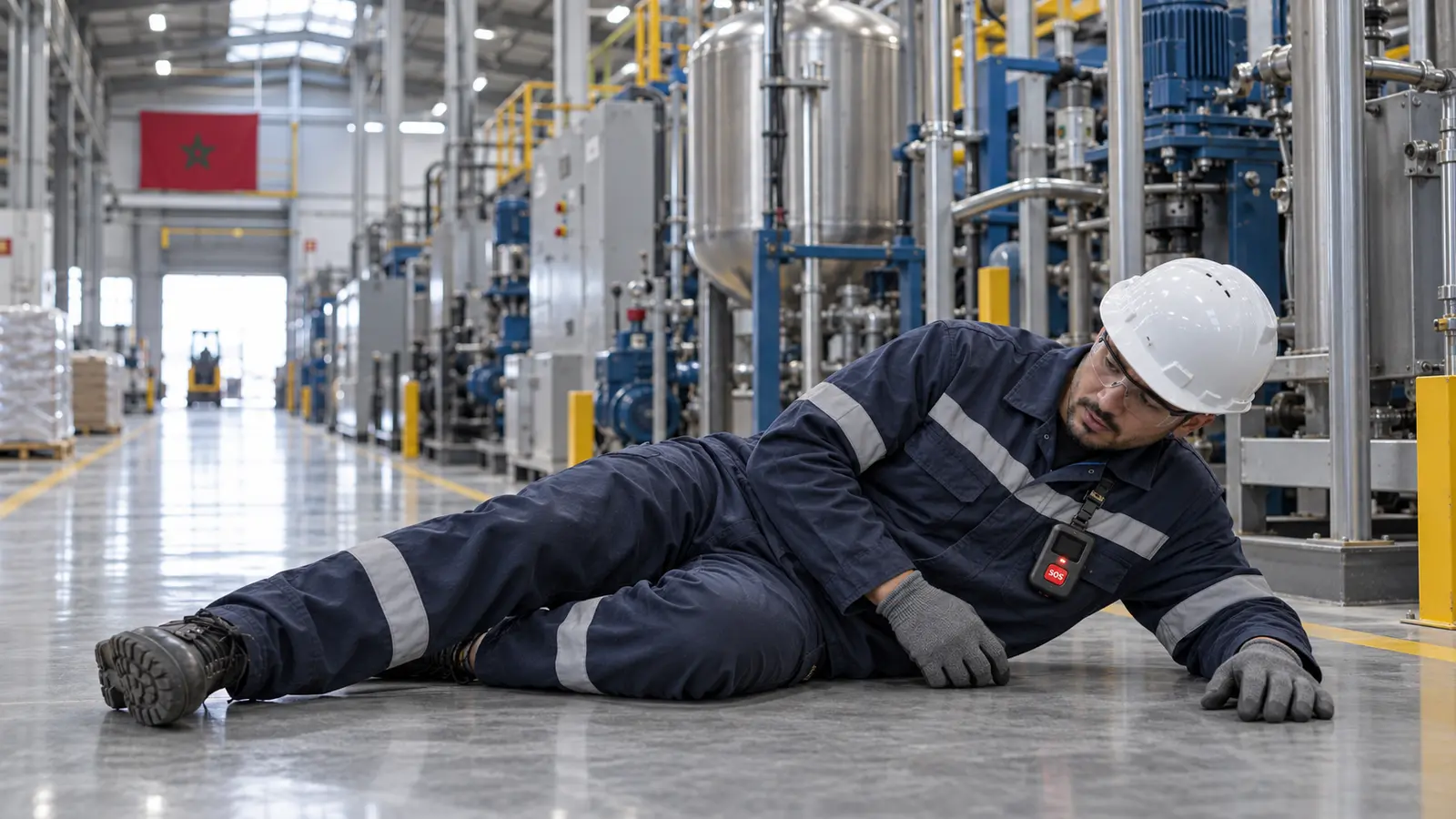 Travailleur isolé en usine au sol après une chute avec dispositif PTI DATI