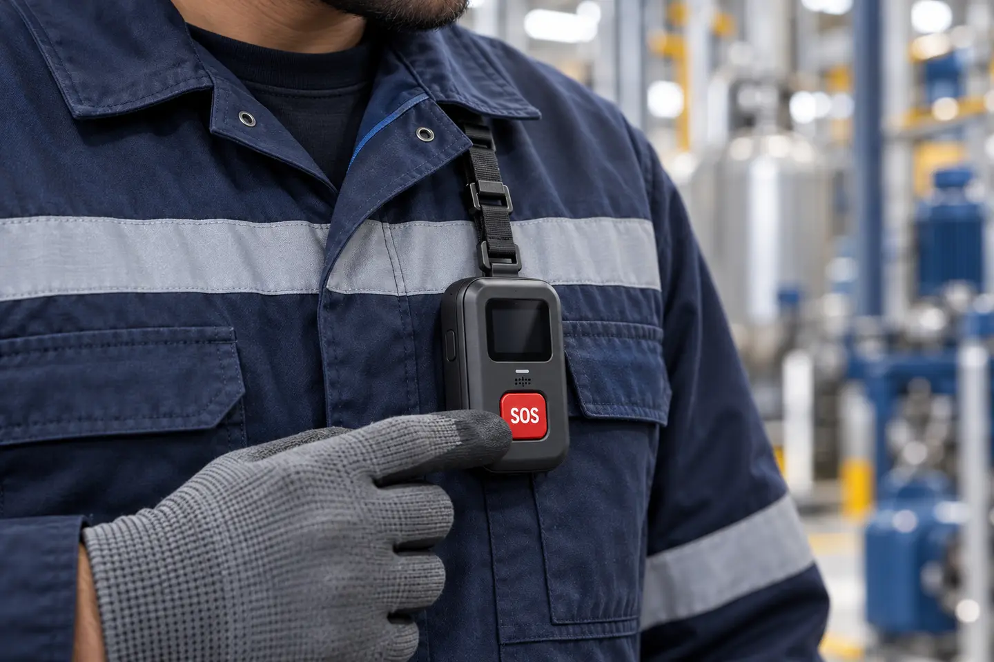 Gros plan sur un dispositif PTI DATI avec bouton SOS porté sur une veste industrielle