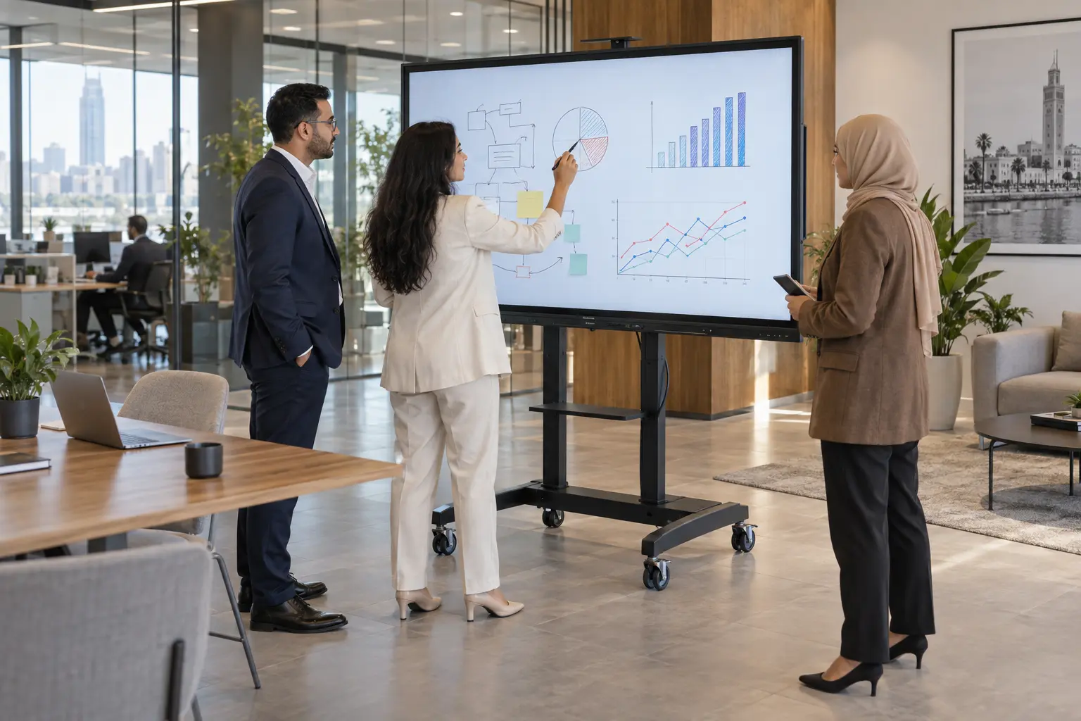 Écran interactif 75 pouces sur support mobile dans un bureau moderne au Maroc