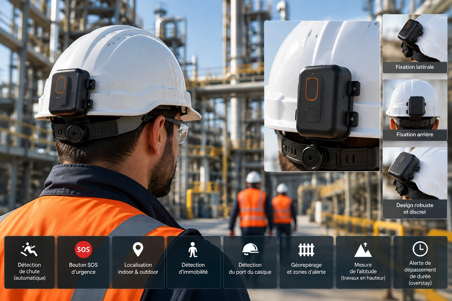 Solution de protection du travailleur isolé PTI DATI avec tracker fixé sur casque de sécurité en environnement industriel