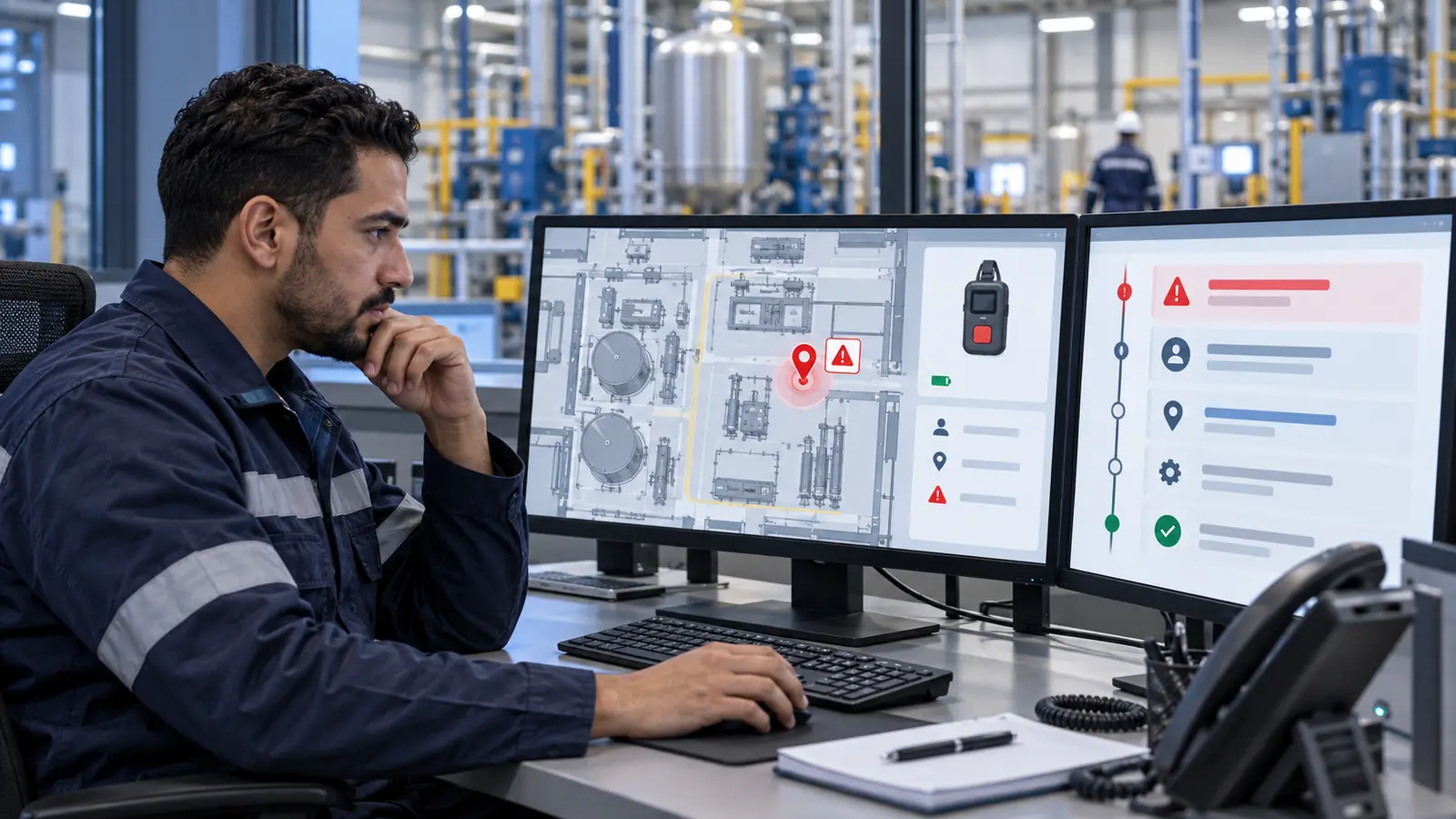 Centre de supervision affichant la localisation d’une alerte PTI dans une usine