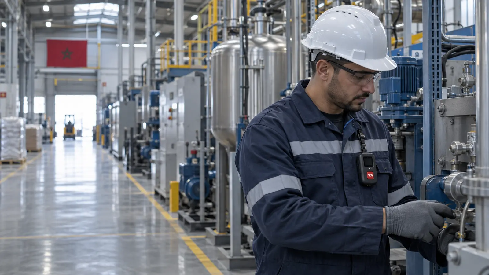 Travailleur isole en usine – protection PTI DATI | Blog Travailleur isolé en usine équipé d’un dispositif PTI DATI avec bouton SOS