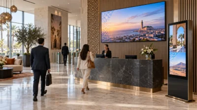 Affichage dynamique intégré dans le hall d’accueil d’une entreprise