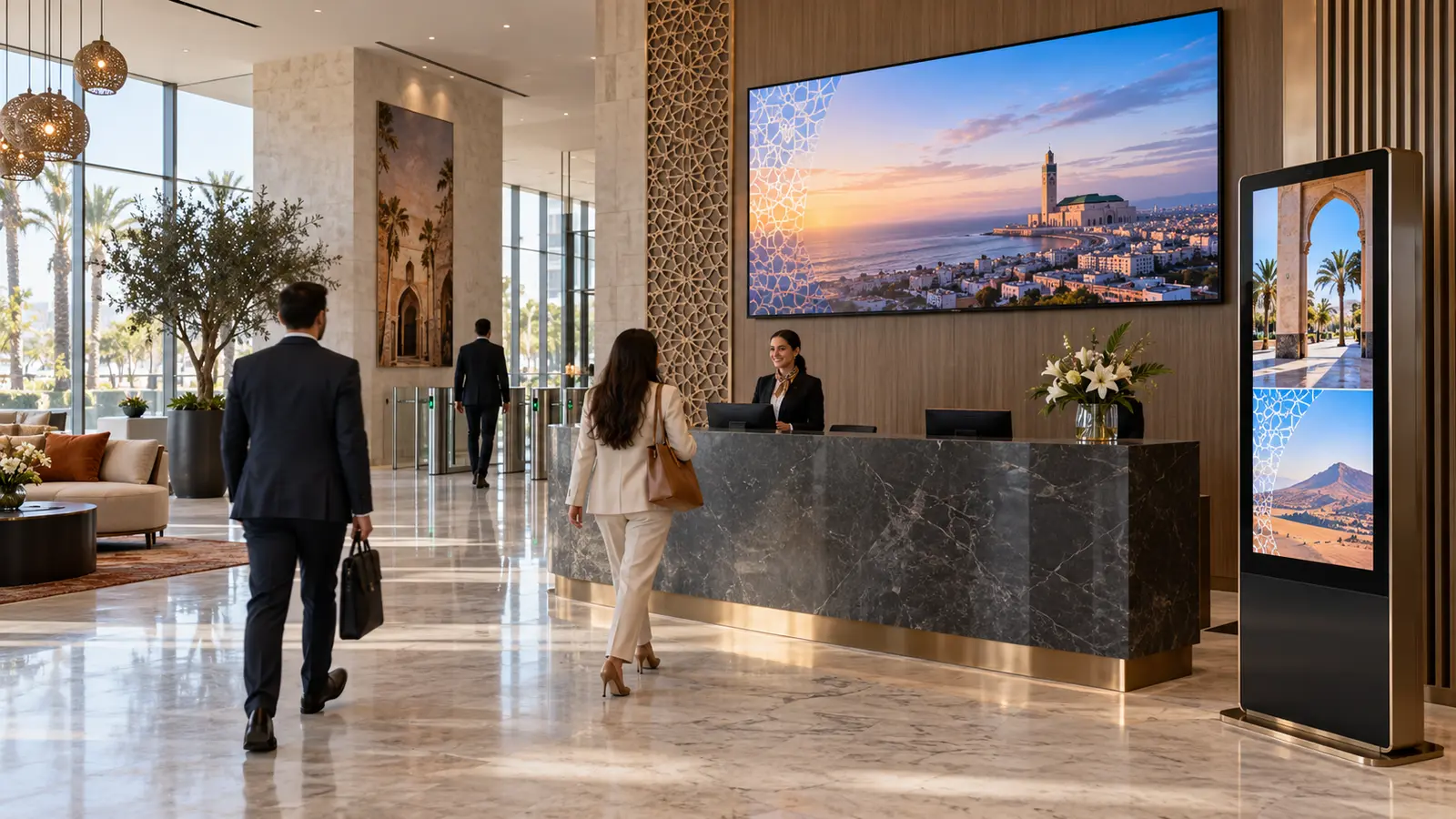 Affichage dynamique intégré dans le hall d’accueil d’une entreprise