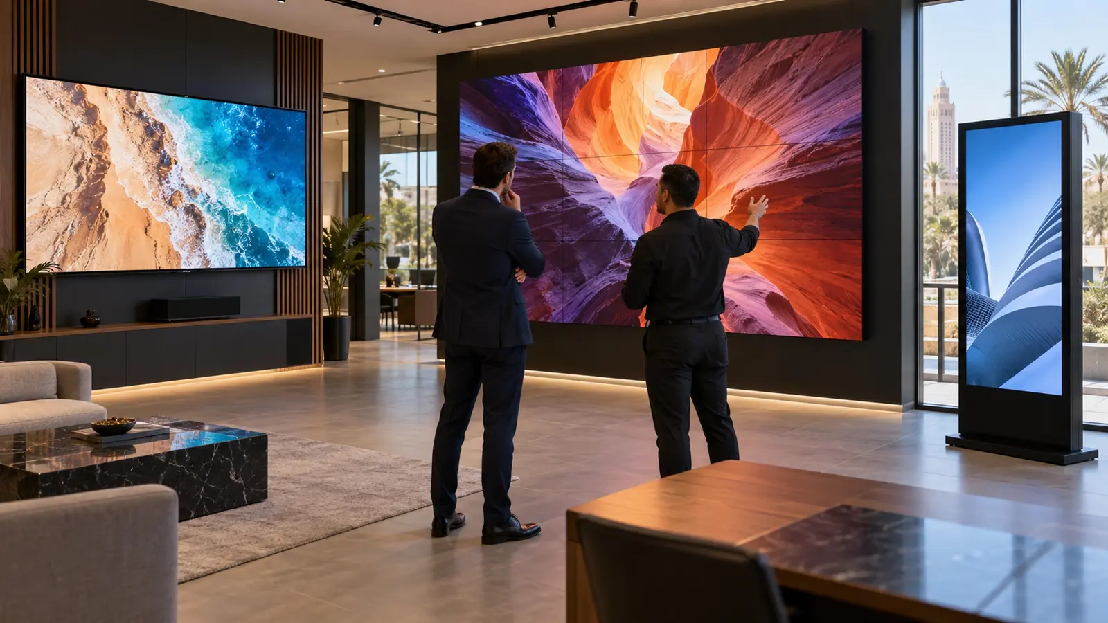 comparatif lcd led totem stepone 1 | Affichage dynamique pour hôtels : écrans, réservation de salles et parcours B2B Solution d’affichage LED et totem pour une grande salle de conférence d’hôtel