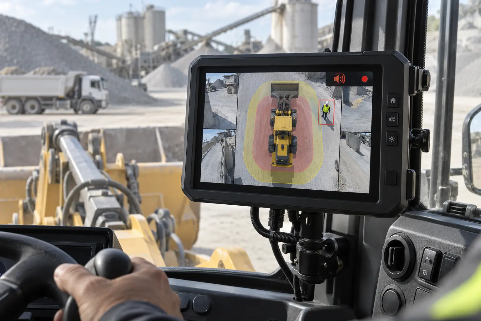 ecran cabine detection pieton 360 ia | Étude de cas Holcim — Chargeuse sécurisée par détection 360° IA des piétons Écran cabine affichant la vue 360° et la détection IA d’un piéton