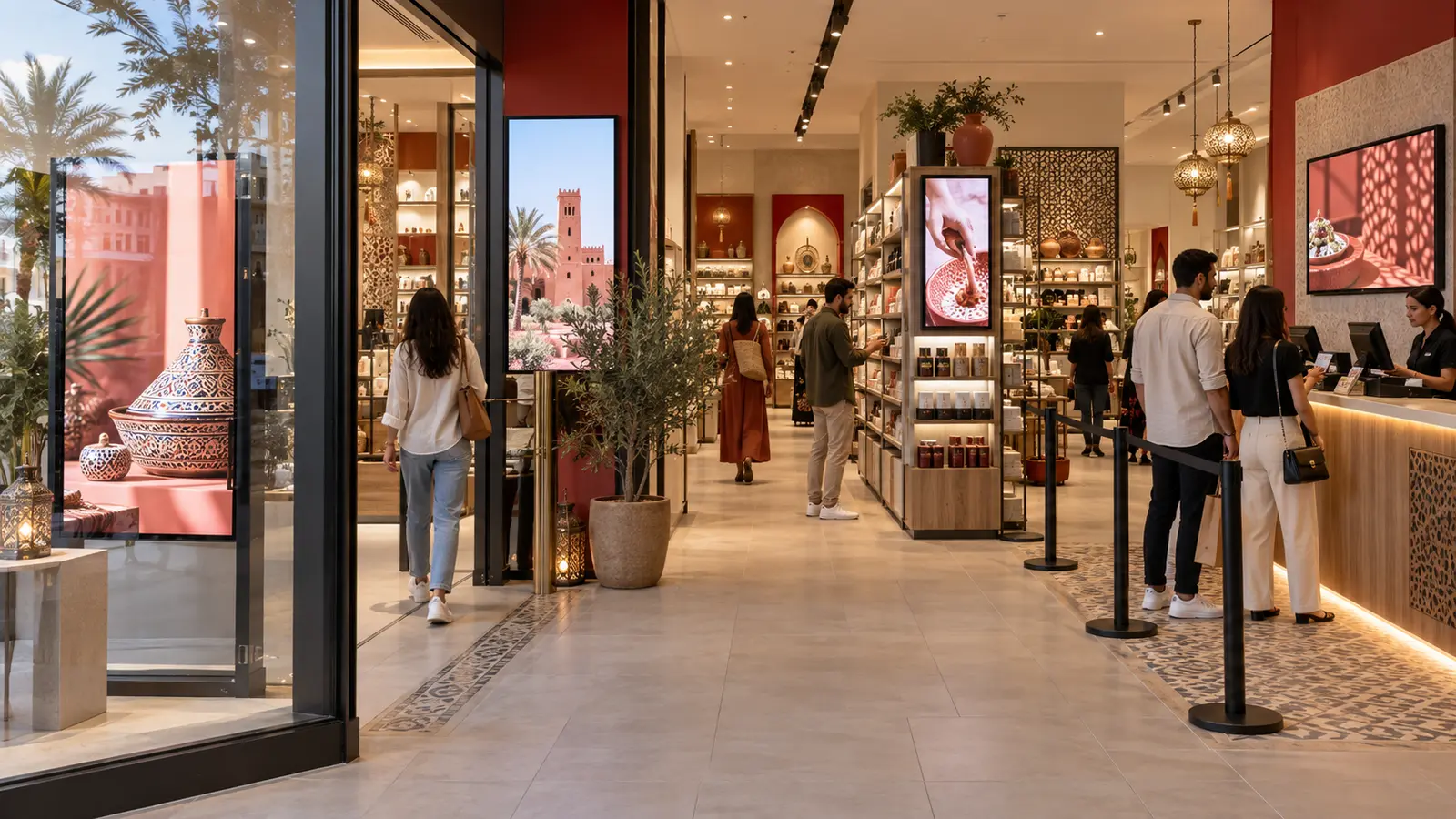 Écrans d’affichage dynamique positionnés sur le parcours client d’un magasin