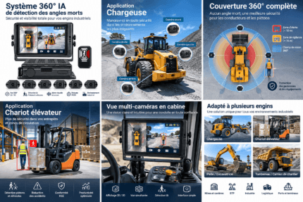 Applications du système 360 IA de détection des angles morts sur chargeuse, chariot élévateur, pelle et engins de chantier