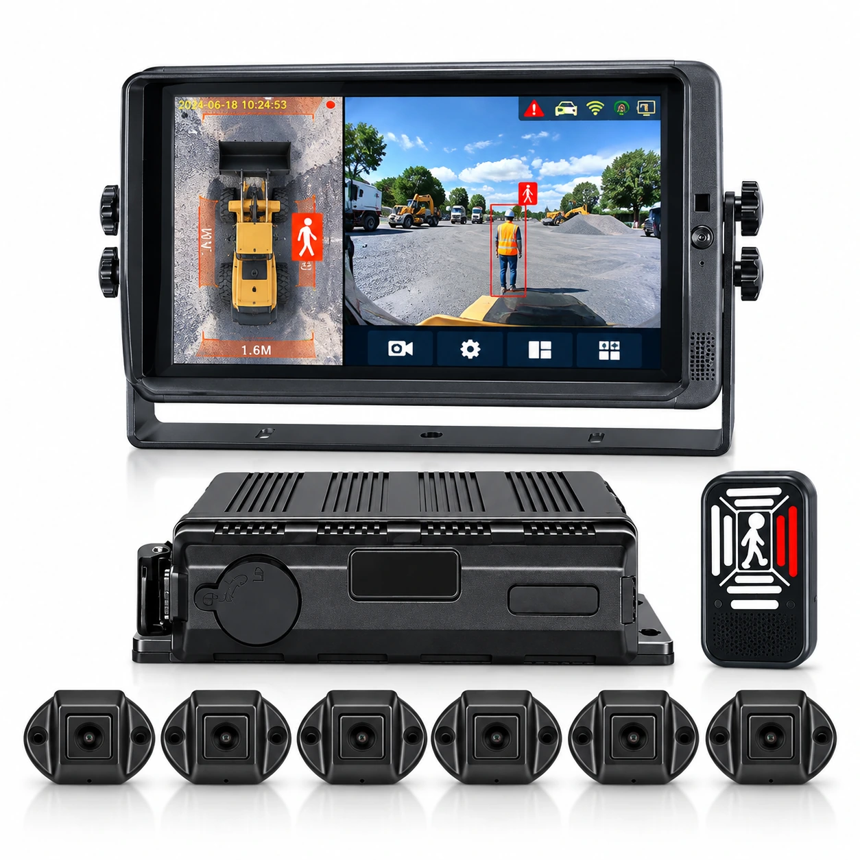 Kit système 360° IA – détection angles morts engins industriels Kit système 360 IA avec écran, enregistreur et caméras pour détection des angles morts sur engins industriels