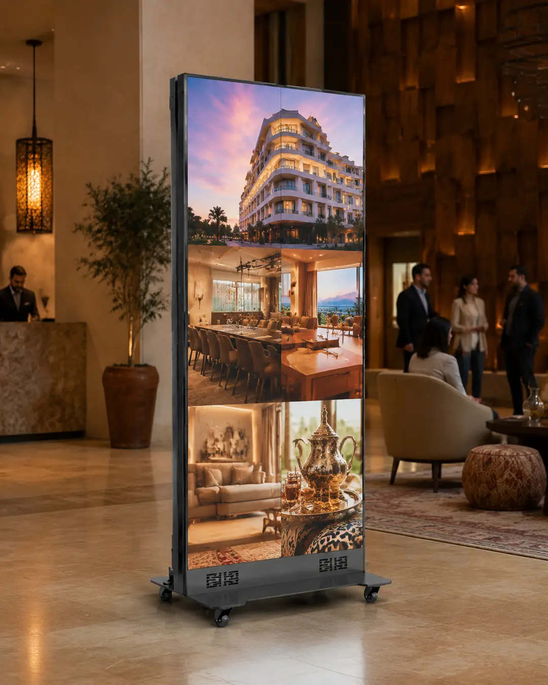 use case poster led hotel mobile | Poster LED mobile P1.8 – Roll-up numérique professionnel Totem LED d’accueil pour hôtel et entreprise – version mobile