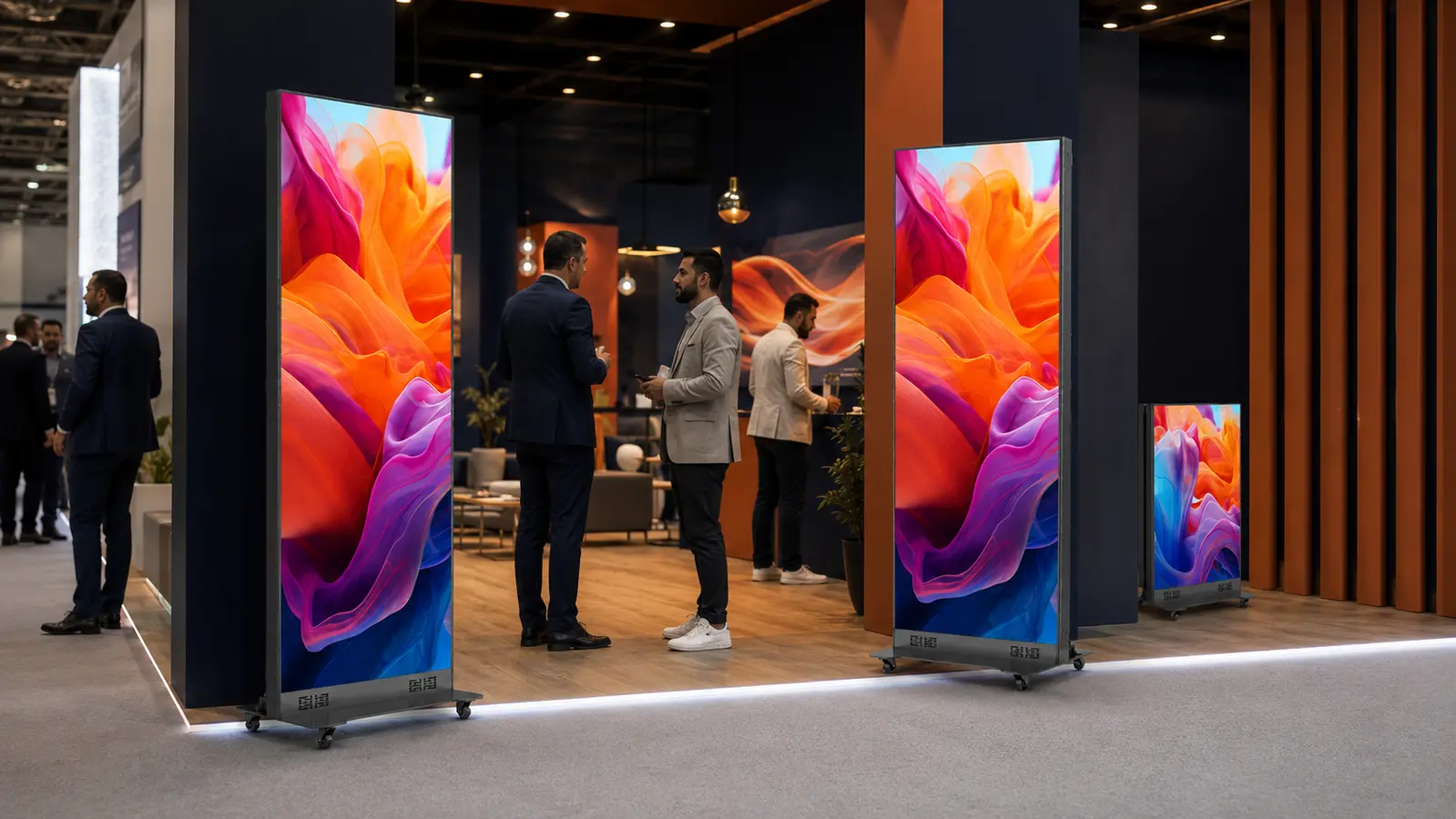 use case poster led salon desktop | Poster LED mobile P1.8 – Roll-up numérique professionnel Posters LED mobiles sur un stand de salon professionnel