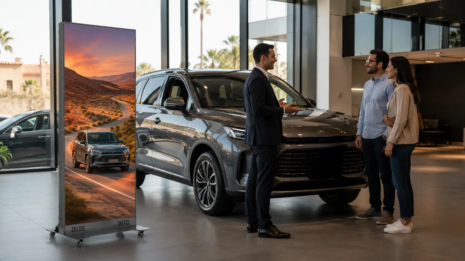 use case poster led showroom desktop | Poster LED mobile P1.8 – Roll-up numérique professionnel Poster LED publicitaire P1.8 dans un showroom automobile au Maroc