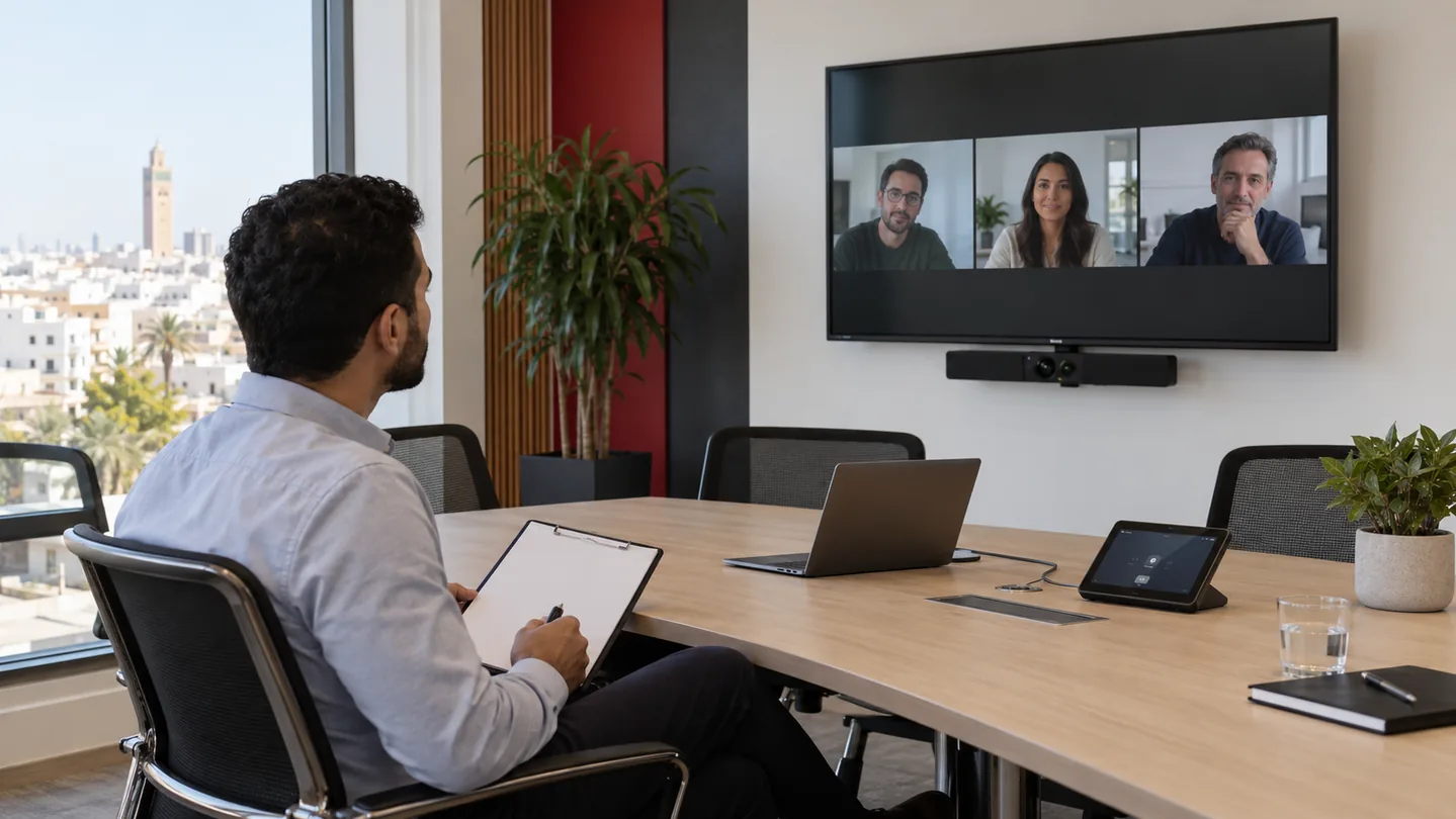 Technicien vérifiant une salle de réunion équipée d’un écran, d’une barre de visioconférence et d’un contrôleur de table.